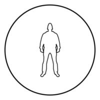 homem de pé em vista de tampa com ícone frontal contorno vetor de cor preta em círculo redondo ilustração imagem de estilo plano