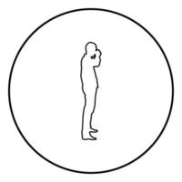 homem bebendo da caneca em pé ícone contorno vetor de cor preta em círculo redondo ilustração imagem de estilo plano