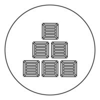 ícone de recipientes de caixas de madeira de caixas de pirâmide em círculo contorno redondo ilustração vetorial de cor preta imagem de estilo plano vetor