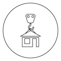 gancho de guindaste levanta para casa mantém ícone de casa de telhado em círculo contorno redondo ilustração vetorial de cor preta imagem de estilo plano vetor