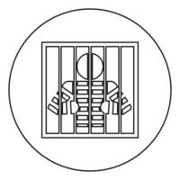 prisioneiro atrás das grades detém hastes com as mãos homem irritado assista através da treliça no ícone do conceito de encarceramento de prisão em círculo contorno redondo ilustração vetorial de cor preta imagem de estilo plano vetor