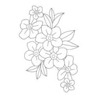 página de coloração simples monocromática de ramo de flores florescendo com folhas em fundo branco vetor