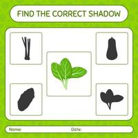 encontre o jogo de sombras correto com espinafre. planilha para crianças pré-escolares, folha de atividades para crianças vetor