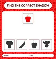 encontre o jogo de sombras correto com pimentão. planilha para crianças pré-escolares, folha de atividades para crianças vetor