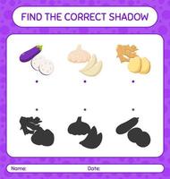 encontre o jogo de sombras correto com legumes. planilha para crianças pré-escolares, folha de atividades para crianças vetor