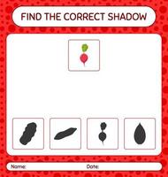 encontre o jogo de sombras correto com rabanete. planilha para crianças pré-escolares, folha de atividades para crianças vetor