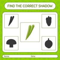 encontre o jogo de sombras correto com quiabo. planilha para crianças pré-escolares, folha de atividades para crianças vetor