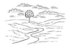 paisagem rural com estrada e árvore. mão desenhada ilustração convertida em vetor. vetor