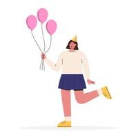 mulher feliz comemorando aniversário com balões. vetor