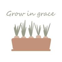 crescer em graça. citação da Bíblia. jardim de casa em uma janela ou varanda. ilustração vetorial. tempo de primavera.