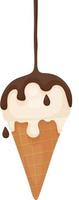 ilustração em vetor plana de sorvete em estilo cartoon. uma bola de sorvete derretido em um cone de waffle. calda de chocolate derramada por cima. sobremesa doce saborosa favorita