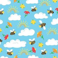 padrão infantil decorativo sem costura com abelhas com flores e nuvens sobre fundo azul vetor