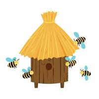 ilustração vetorial de colmeia de madeira com abelhas selvagens