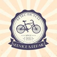 serviço e reparo de bicicletas retrô, logotipo vintage, emblema com bicicleta antiga