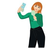 garota ruiva com um telefone em uma mão e um copo na outra, vetor plano, isolado em um fundo branco, blogueiro, líder de opinião, pessoa influente