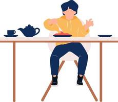 menino elegante tomando café da manhã na mesa personagem de vetor de cor semi plana