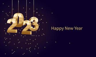feliz ano novo 2023 pendurado números 3d dourados com fitas e confetes em um fundo desfocado colorido, bokeh. vetor