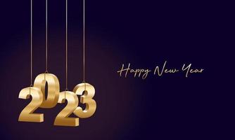 feliz ano novo 2023 pendurado números 3d dourados com fitas, fundo moderno feliz ano novo vetor