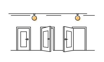 portas fechadas e ícones de linha aberta. encontrar uma escolha, saída e selecionar o caminho para alcançar. porta alternativa em vista frontal. ilustração vetorial em fundo branco