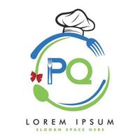 letra inicial pq logotipo com colher e garfo para modelo de logotipo de restaurante. logotipo mestre do chef, culinária, vetor de logotipo de cozinha