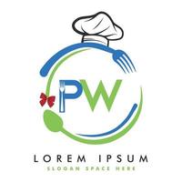 letra inicial pw logotipo com colher e garfo para modelo de logotipo de restaurante. logotipo mestre do chef, culinária, vetor de logotipo de cozinha