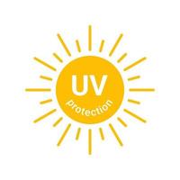 sol amarelo com ícone de proteção uv de inscrição, protetor solar do sol e queimadura solar. círculo pleno sol e luz solar. energia solar quente para bronzeado. sinal vetorial vetor