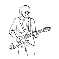 homem tocando guitarra elétrica ilustração vetorial desenhado à mão isolado na arte de linha de fundo branco. vetor