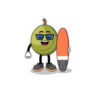 desenho de mascote de fruta durian como surfista vetor