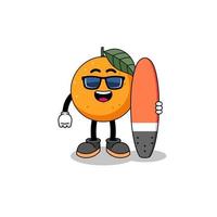 desenho de mascote de fruta laranja como surfista vetor