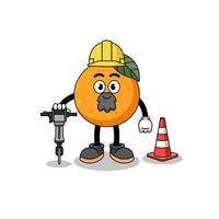 desenho de personagem de fruta laranja trabalhando na construção de estradas vetor