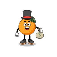 ilustração de mascote de frutas laranja homem rico segurando um saco de dinheiro vetor