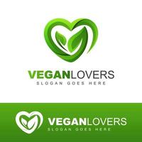 logotipo de amantes veganos modernos. folhas ou folha com amor, modelo de vetor de design de logotipo de cuidados com a natureza