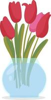 um cartão. buquê de tulipas vermelhas com folhas em um vaso de vidro redondo vetor