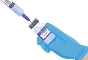 uma seringa e um frasco de medicamento. mãos do médico em luvas médicas protetoras azuis. vacinação contra a gripe, anestesia, injeções cosméticas em cosmetologia vetor