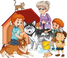 família feliz com seus animais de estimação em estilo cartoon vetor