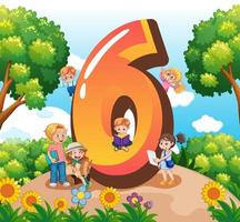 seis crianças com desenho animado número seis vetor