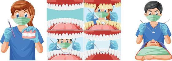 conjunto de dentista segurando instrumentos examinando os dentes do paciente dentro da boca humana