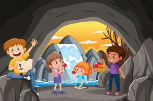 na cena da caverna com crianças explorando personagem de desenho animado vetor