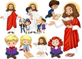 jesus e crianças felizes lendo livro vetor