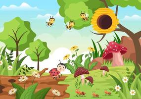 bela ilustração de fundo de desenhos animados de jardim com natureza de cenário de plantas, vários animais, flores, árvores e grama verde em estilo de design plano