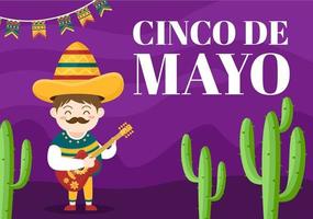 ilustração de estilo de desenho animado de celebração de feriado mexicano de cinco de maio com cacto, guitarra, sombrero e bebendo tequila para pôster ou cartão de felicitações vetor