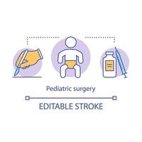 ícone do conceito de cirurgia pediátrica. ambulância do bebê. criança doente no hospital. ilustração de linha fina de ideia de serviço de emergência clínica pediátrica. desenho de contorno isolado de vetor. traço editável vetor