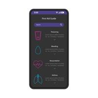 modelo de vetor de interface de smartphone de guia de primeiros socorros. layout de design preto da página do aplicativo móvel. tela de instruções de tratamento de emergência. interface do usuário plana para aplicação. assistência médica, ajuda. visor do telefone