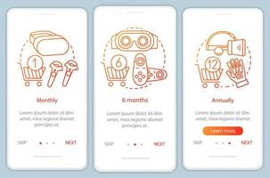 vr assinatura do jogo onboarding tela da página do aplicativo móvel com conceitos lineares. 6 meses de tarifa. três passos passo a passo instruções gráficas. ux, ui, modelo de vetor gui com ilustrações