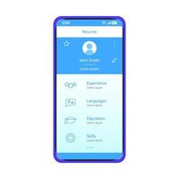 retomar o modelo de vetor de interface de aplicativo de smartphone. layout de design azul de interface de aplicativo de pesquisa de emprego móvel. tela do construtor de cv. interface plana. visor do telefone com informações pessoais