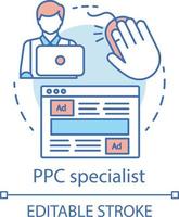 ícone do conceito de especialista de ppc. ilustração de linha fina de ideia de especialidade de marketing digital. analista de pesquisa paga, comerciante. gerenciamento de pagamento por clique. desenho de contorno isolado do vetor. curso editável vetor