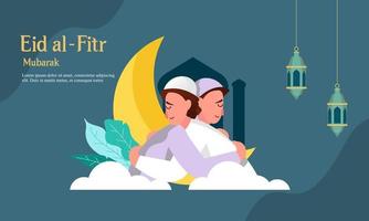 feliz eid mubarak, conceito de saudação ramadan mubarak com ilustração de personagem de pessoas vetor