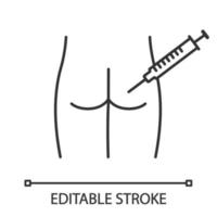 ícone linear de injeção intramuscular. ilustração de linha fina. injeção na nádega. tiro médico do glúteo. tratamento de doenças, prevenção. símbolo de contorno. desenho de contorno isolado de vetor. traço editável vetor