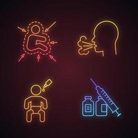 conjunto de ícones de luz neon de vacinação e imunização. sinais brilhantes. sistema imunológico infantil, tosse, vacina oral, seringa e frascos. ilustrações vetoriais isoladas vetor