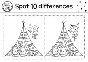 dia das mães encontrar jogo de diferenças para crianças com animais fofos. atividade de férias em preto e branco e página para colorir com bebê urso e mãe em wigwam. planilha de primavera mostrando o amor da família. vetor